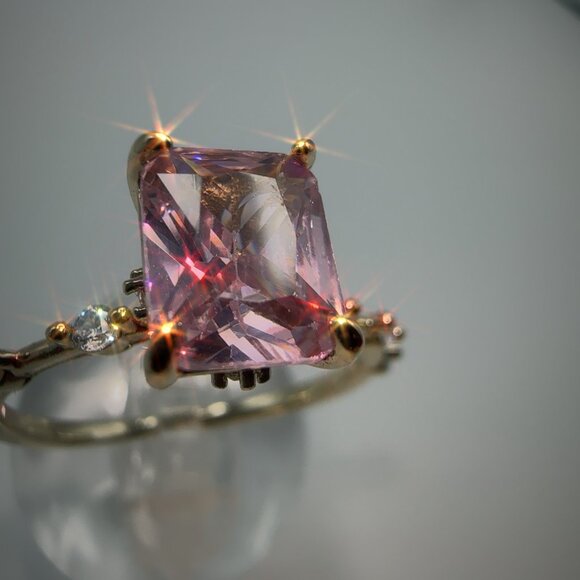 Princess Cut Pink CZ Ring Gold Plated Brass Size 6 - Picture 1 of 16